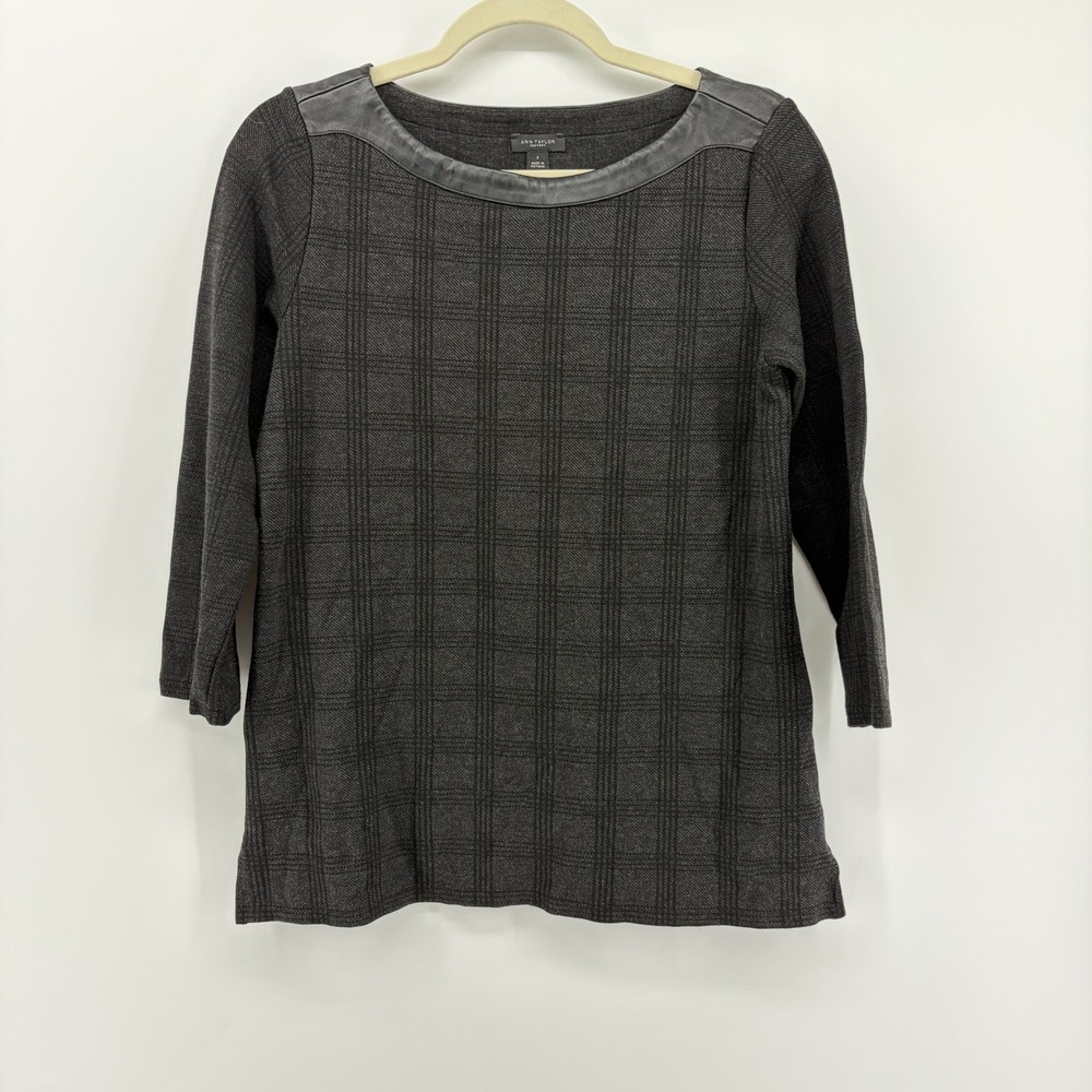 Ann Taylor Factory Black Gray Plaid Faux Leather Trim 3/4 Sleeve Sweater Top S